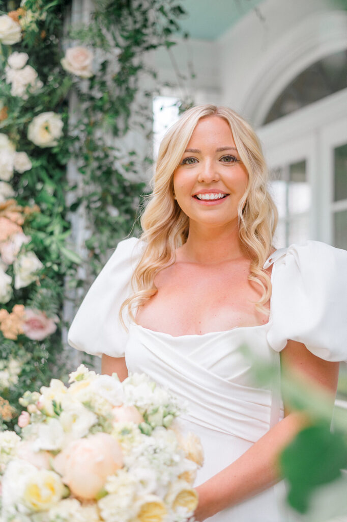 happy bride in dress garden wedding