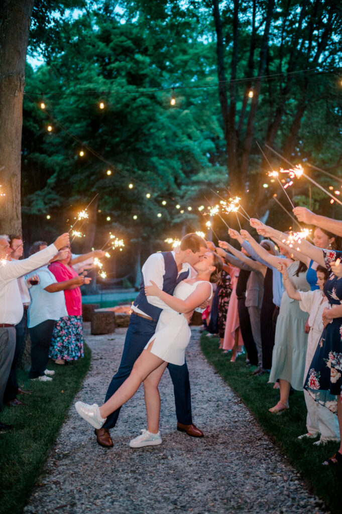 short wedding dress for bride at sparkler exit