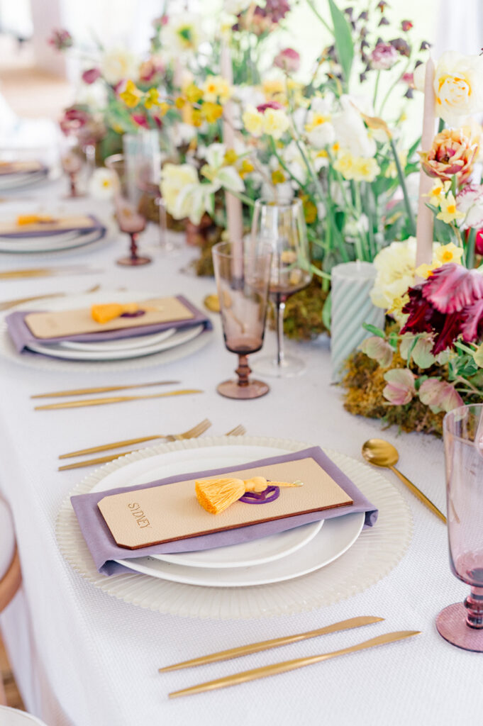 purple and yellow wedding tablescape