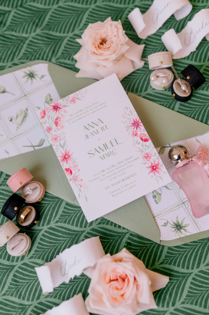 green and pink wedding decor