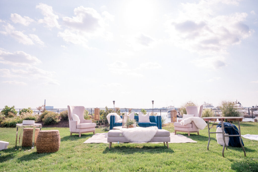 outdoor wedding reception seating space at the point at norwalk cove