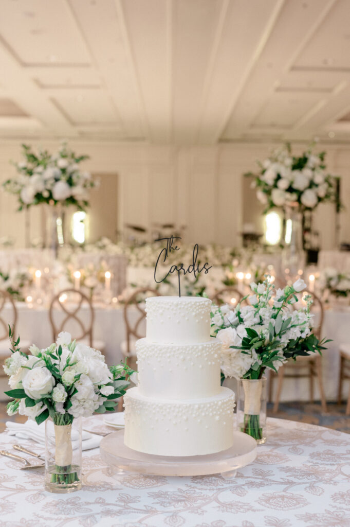 Three-tier white wedding cake. 