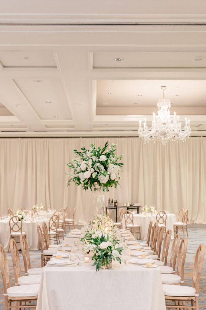 Wedding reception table setting in ballroom of the Ritz Carlton Amelia. 