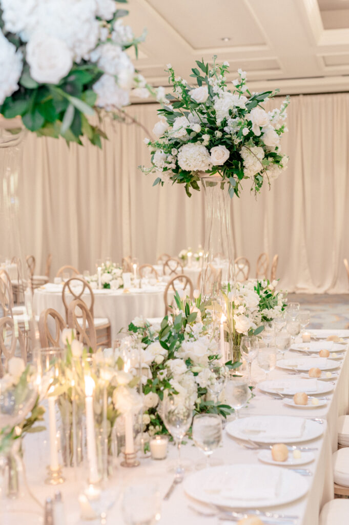 Wedding reception table setting in ballroom of the Ritz Carlton Amelia. 