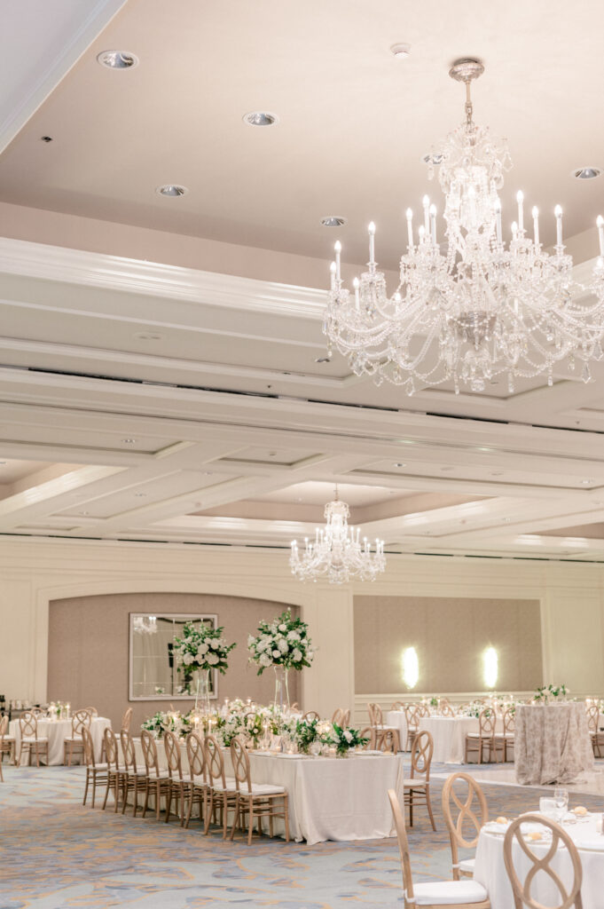 Wedding reception table setting in ballroom of the Ritz Carlton Amelia. 