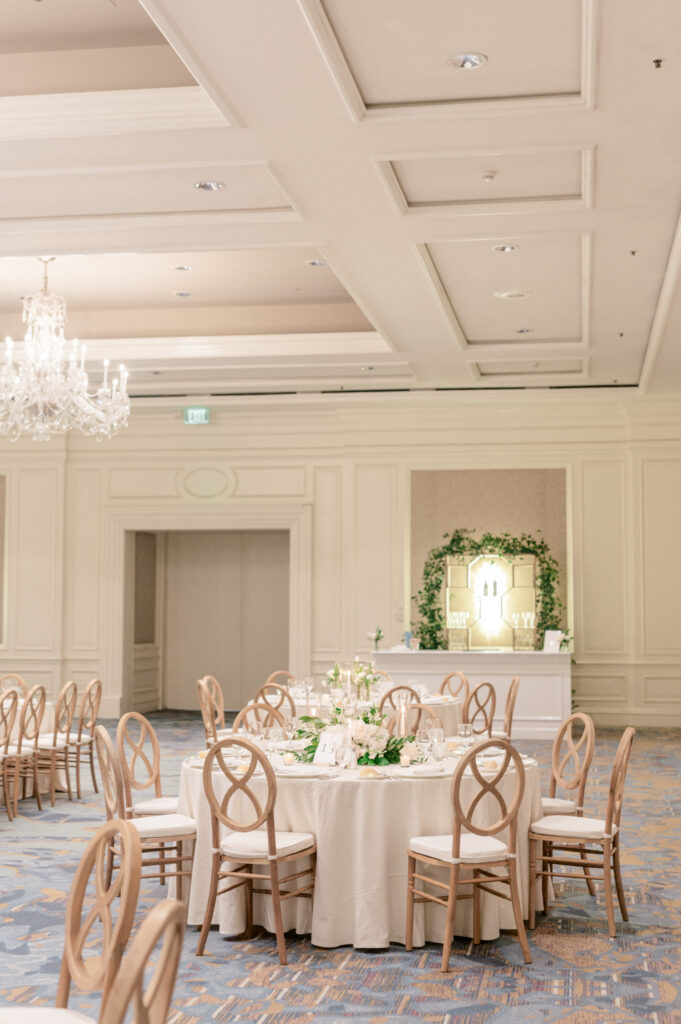 Wedding reception table setting in ballroom of the Ritz Carlton Amelia. 