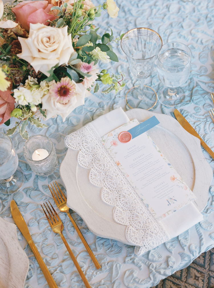 Sophisticated gold rimmed silverware at their wedding at Wadsworth Mansion 