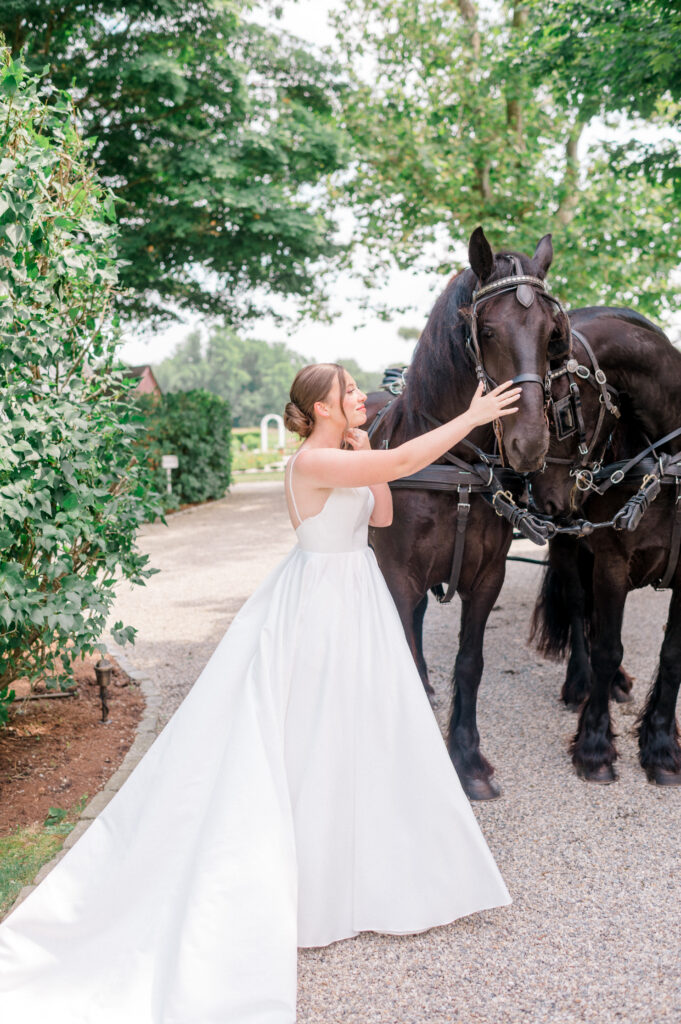 Unique wedding portrait of bride reaching up to touch a horse before Smith Farm Gardens ceremony