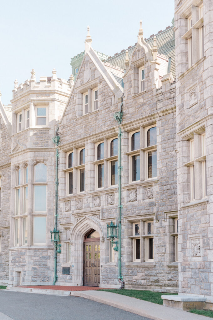 Grand stone entrance and turret at Branford House Mansion in Groton, CT, perfect for romantic wedding portraits