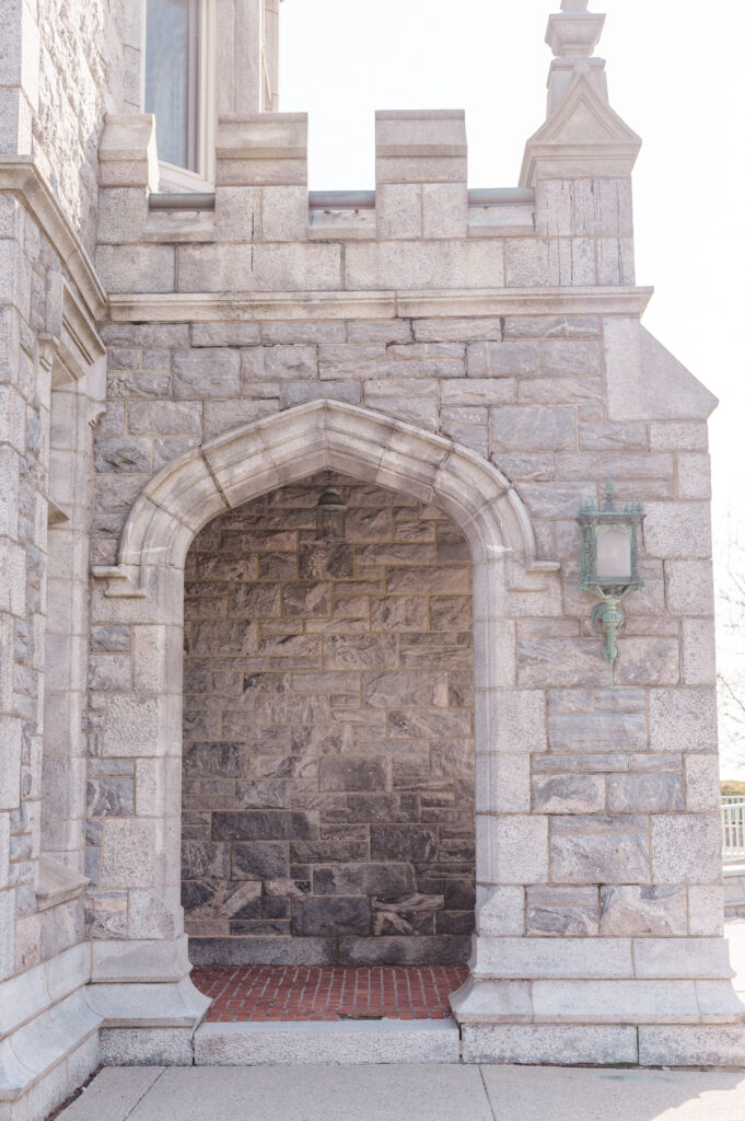 Gothic stone archway at the historic Branford House Mansion, perfect for wedding photography backdrops
